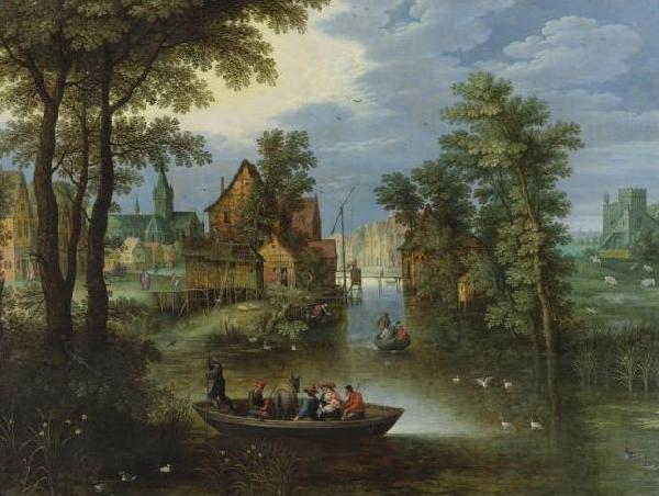 Marten Rijckaert River landscape with religious theme Flight into Egypt